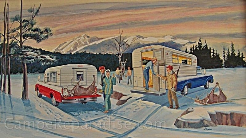 image of a vintage alaskan camper ad showing in the up and down positions with deer kill on the tailgate