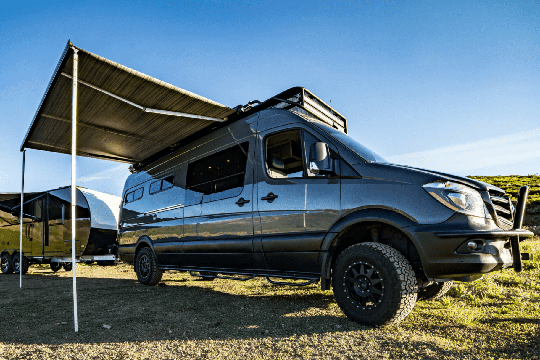 Awning deployed on a Sprinter van