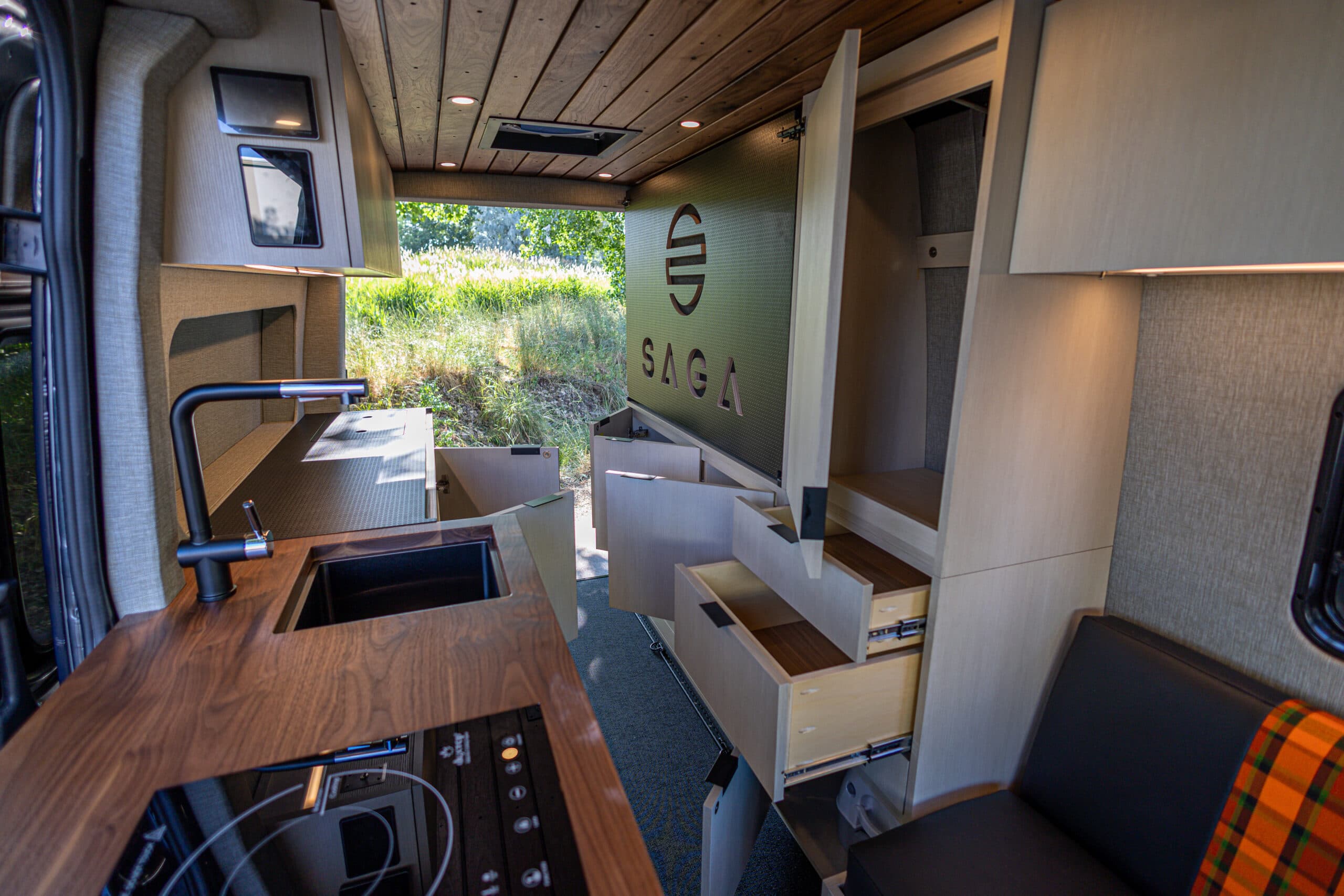 Internal storage cabinetry in a Sprinter van