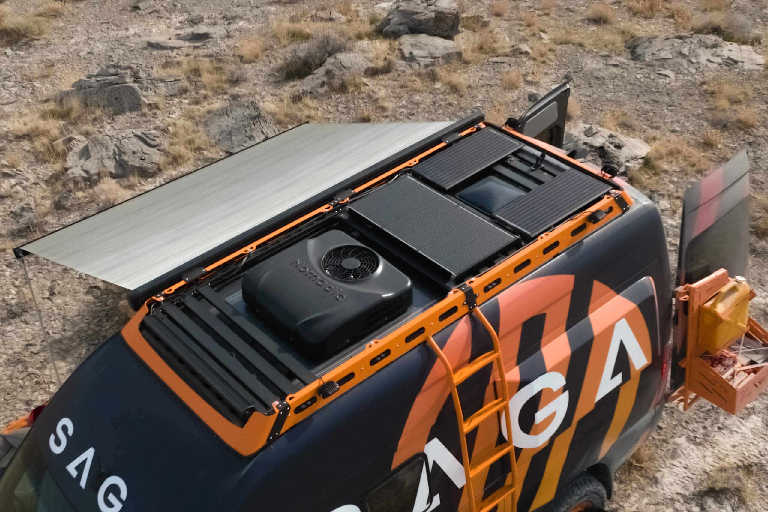 Aerial view of roof-mounted solar panels on a van
