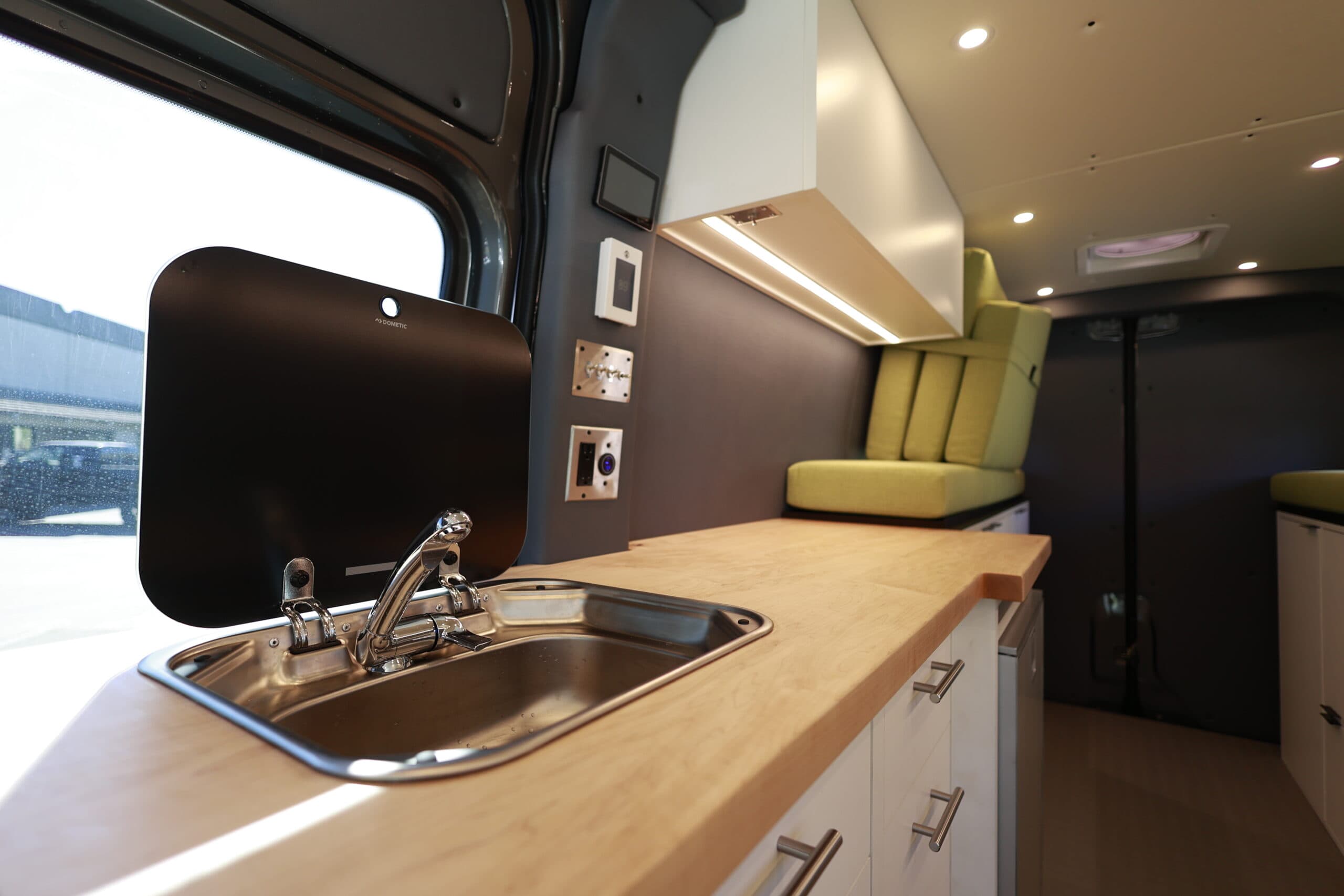 Galley sink installed in a camper van