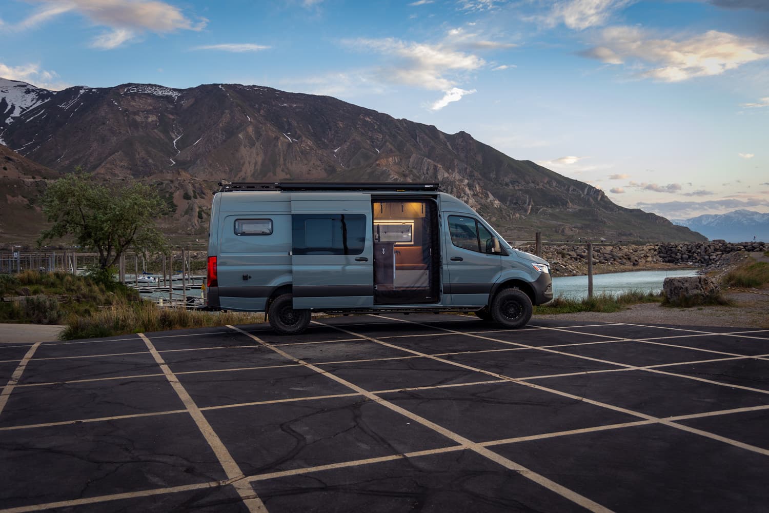 Adventure van sprinter van at the Great Salt Lake State Park and Marina