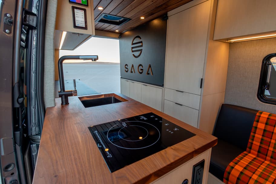 SAGA Vans Team Van Sprinter 144 interior sink countertop induction cooktop