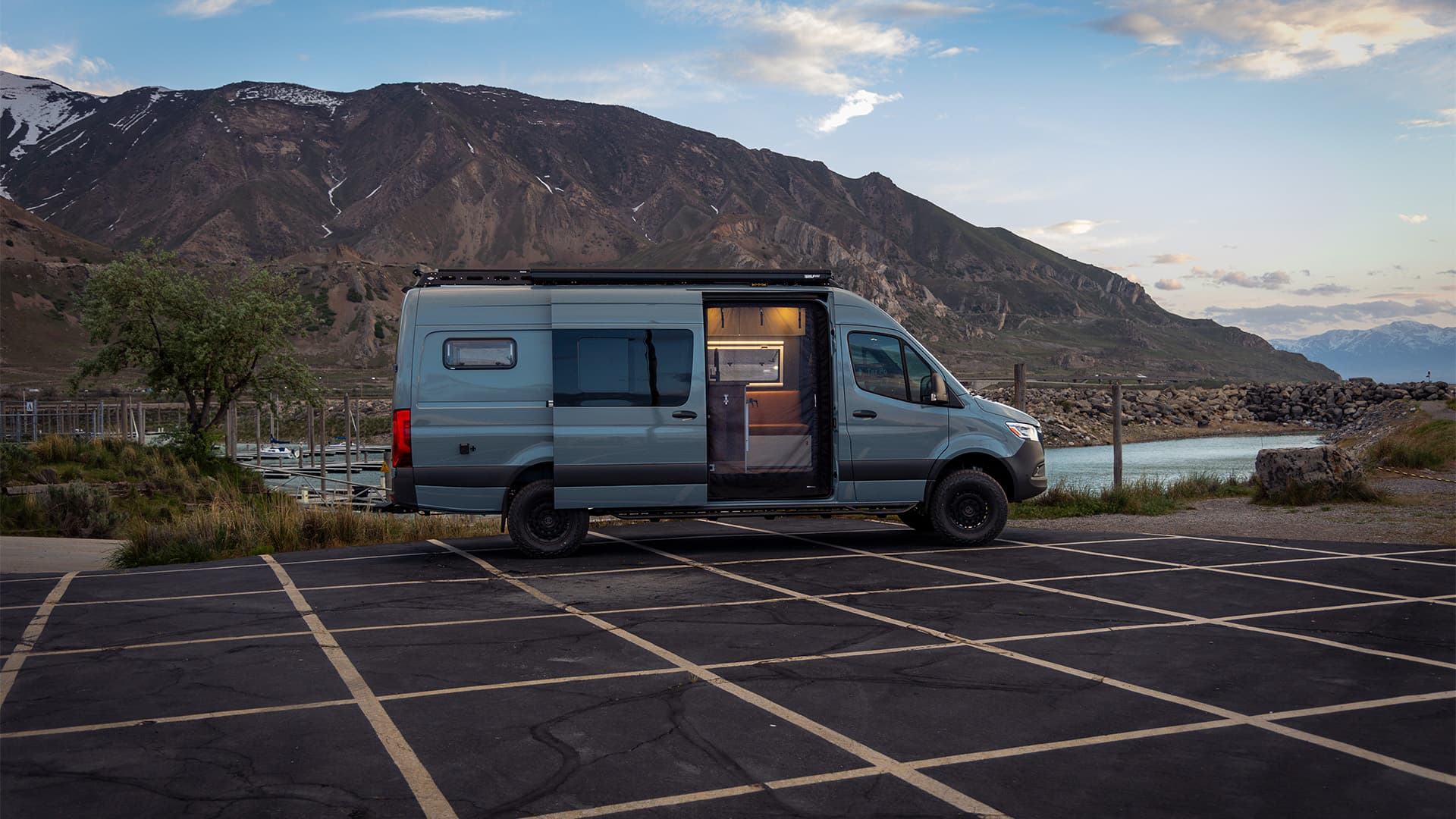 SAGA Vans Sprinter 170 exterior wide Great Salt Lake marina