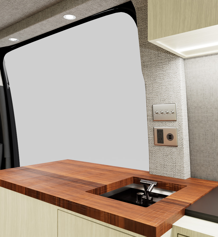 SAGA Van interior — kitchen countertop